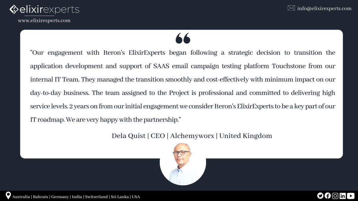 elixir_experts's tweet image. Are you looking for an extended support & development team to work with your internal IT Team? @DelaQuist, CEO, @AlchemyWorx, has to the following
To know more visit: elixirexperts.com
#elixirexperts #client #testimonial #elixir #erlang #BEAM #technology #consultancy