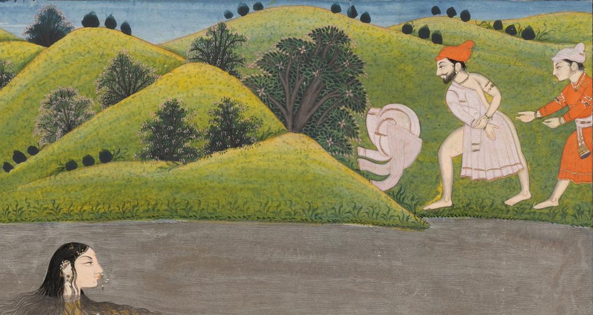 Woman with a tiger body in the river. Two men on riverbank, one is undressing perhaps to jump in and save her. The paws & tail of the tiger is also of tiger heads. A Goddess ? 19th cen frm @YaleArtGallery #Art #History #Pahari @DalrympleWill @dpanikkar @ssharadmohhan @PunjabiRooh