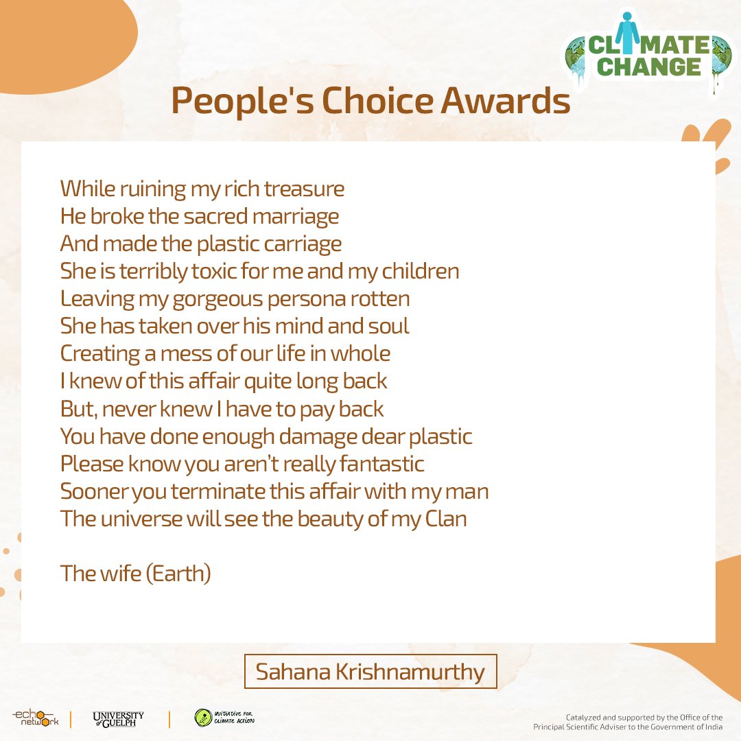 the echo network (@theechonetwork) on Twitter photo We asked U what your understanding of #climatechange is & here is your answer
Presenting the 10 shortlisted entries for the People's Choice Award! 'Like' your fav entry now as your 'likes' will decide the 5 WINNERS
Entry 7, Poem by <a href="/Lyfeinametro/">Mom Story by Sahana</a>
<a href="/Initiative4CA/">Initiative for Climate Action</a> <a href="/GIER_UofG/">Guelph Institute for Environmental Research</a> We asked U what your understanding of #climatechange is & here is your answer
Presenting the 10 shortlisted entries for the People's Choice Award! 'Like' your fav entry now as your 'likes' will decide the 5 WINNERS
Entry 7, Poem by <a href="/Lyfeinametro/">Mom Story by Sahana</a>
<a href="/Initiative4CA/">Initiative for Climate Action</a> <a href="/GIER_UofG/">Guelph Institute for Environmental Research</a>