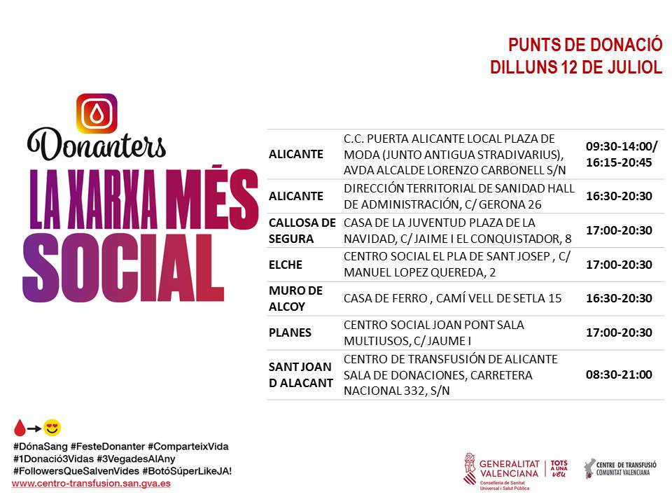 GVAdonasang's tweet photo. Punts de donació #Alcant
📅dilluns #12Juliol
T'esperem si ja han transcorregut 2 mesos des de la teua última donació.👉 Si mai has donat sang és el moment d'unir-te a 𝐋𝐀 𝐗𝐀𝐑𝐗𝐀 𝐌𝐄́𝐒 𝐒𝐎𝐂𝐈𝐀𝐋.
Anima't! #FesteDonanter #ComparteixVida ❤️ https://t.co/ZuOHnnTCr9