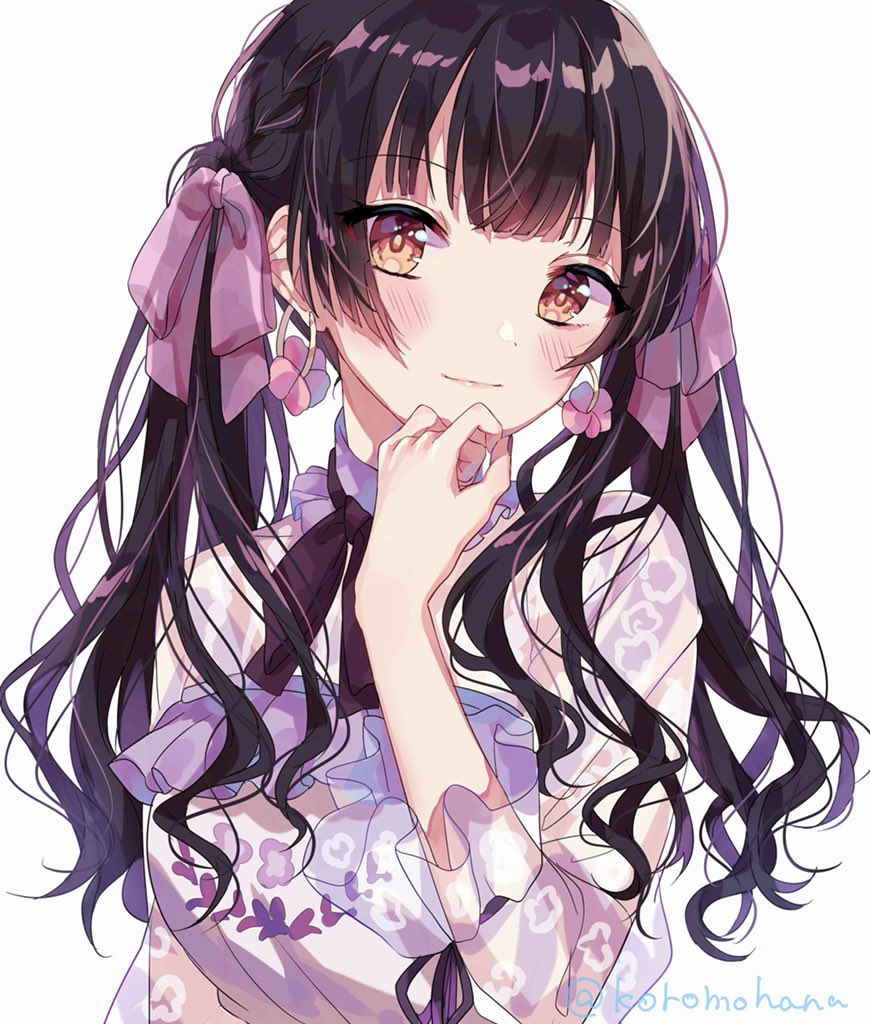 mayuzumi fuyuko 1girl solo black hair earrings jewelry looking at viewer white background  illustration images