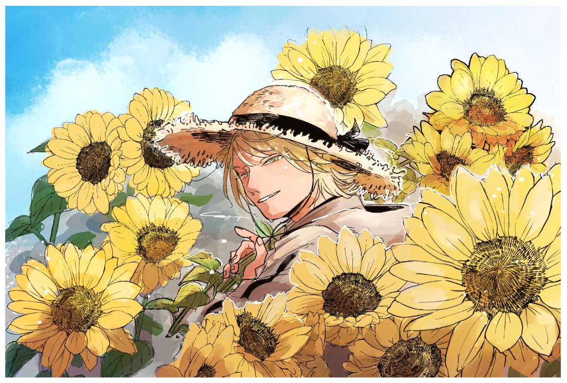 flower 1boy hat male focus sunflower solo blonde hair  illustration images