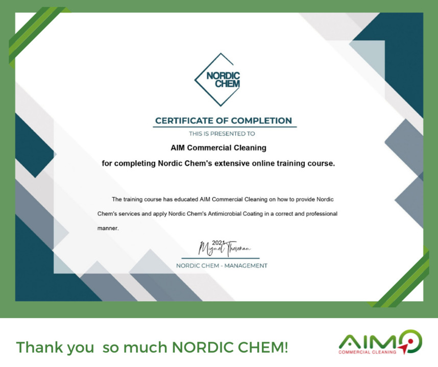 We are proud to share with you our Certification from Nordic Chem.  😍  😊  

These certifications shows how AIM Cleaning is serious to keep our staff and clients safe in everything we do.  ✅  😊 

Big thanks to Nordic Chem!

#AimCleaning
#NordicChem
#CertifiedInstaller