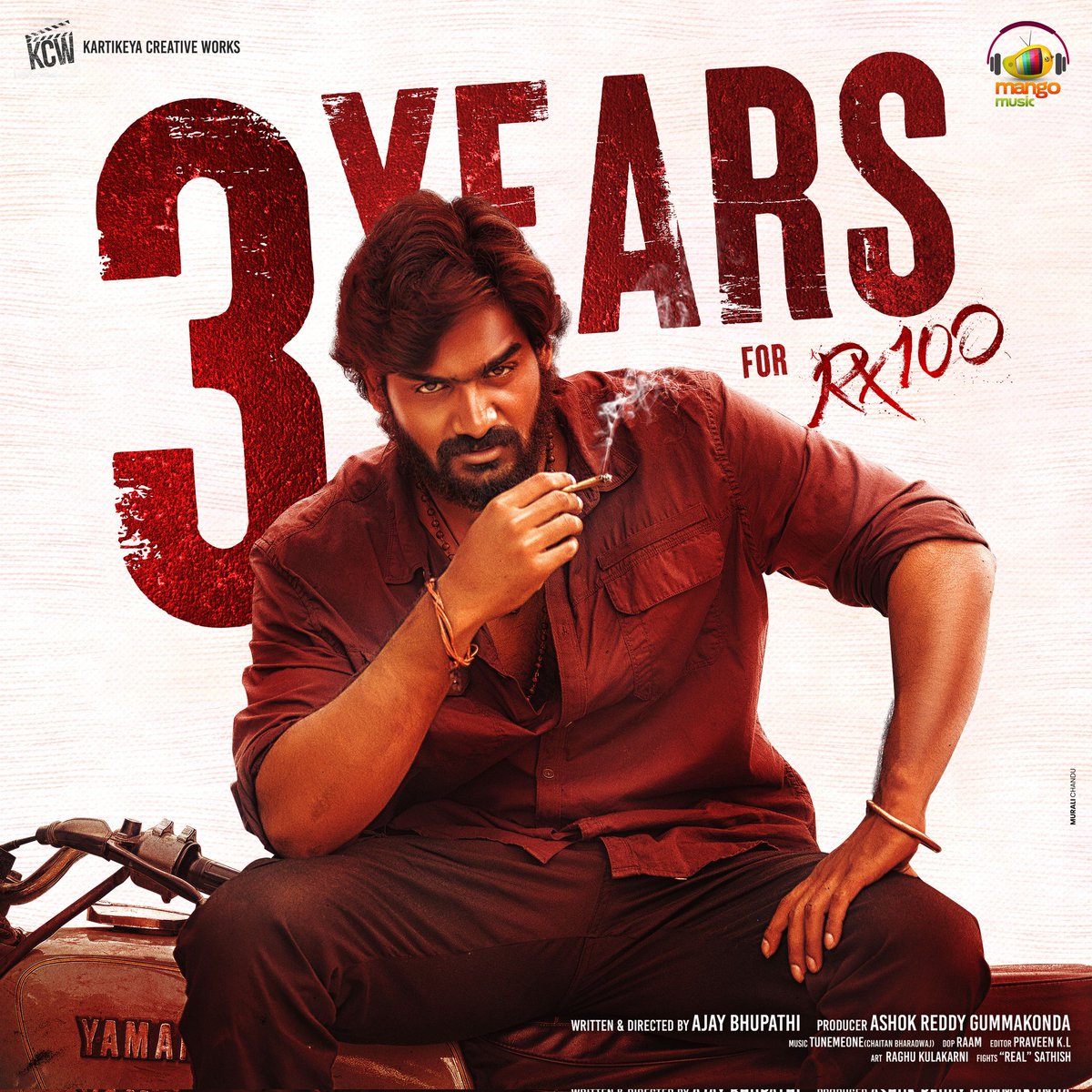 It's 3 years for Intense Blockbuster journey of #RX100 🔥And it has been a special film in our banner. Thank you One &amp; All 🙏.

#3YearsForRX100
<a href="/ActorKartikeya/">Kartikeya</a> <a href="/starlingpayal/">paayal rajput</a> <a href="/DirAjayBhupathi/">Ajay Bhupathi</a> #AshokReddy
<a href="/chaitanmusic/">Chaitan Bharadwaj</a> <a href="/Cinemainmygenes/">Editor PraveenKl</a> <a href="/kcwoffl/">Kartikeya Creative Works</a> <a href="/PulagamOfficial/">Pulagam Chinnarayana</a> <a href="/MangoMusicLabel/">Mango Music</a>