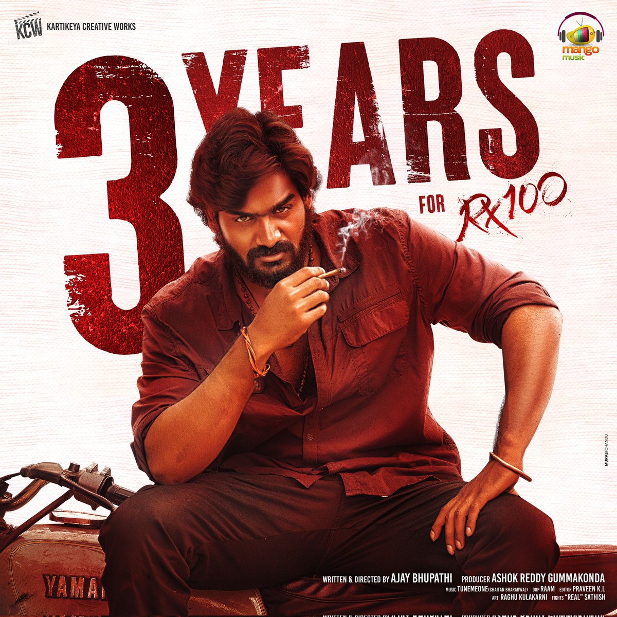 It's 3 years for Intense Blockbuster journey of #RX100 🔥And it has been a special film in our banner. Thank you One & All 🙏. #3YearsForRX100 @ActorKartikeya @starlingpayal @DirAjayBhupathi #AshokReddy @chaitanmusic @Cinemainmygenes @kcwoffl @PulagamOfficial @MangoMusicLabel