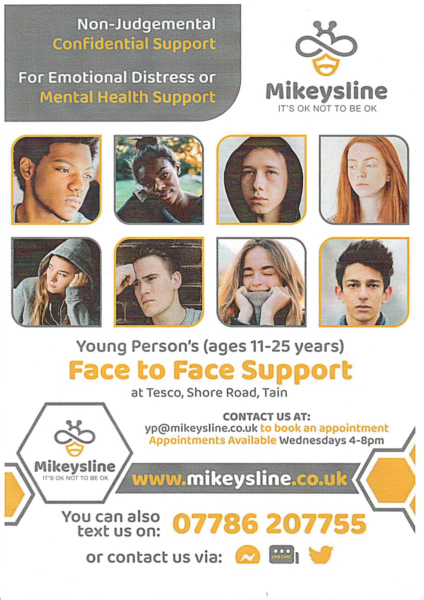 COVID's been a bit of a struggle for all of us. For young people who need to talk about their mental health Mikeysline are offering Face-to-Face support at Tesco in Tain. Follow the instructions on the flyer to book an appointment. Stay safe &amp; stay well!
