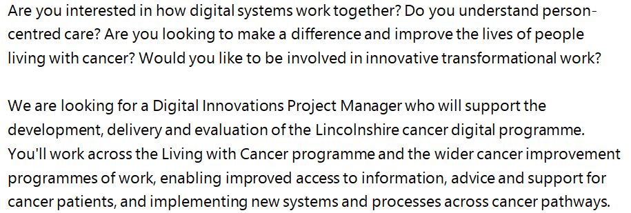 Kasia Pisarska π (@kasiapisarska) on Twitter photo Digital Innovations Project Manager
NHS Lincolnshire CCG (Living with Cancer team)
Lincoln/Home-working/flexible
NHS Band 7 (Β£38,890-Β£44,503) 12m fixed term/secondment
Closing date: 14/07/21
Please RT: @NHSLincsCCG <a href="/ULHT_Jobs/">ULHT Recruitment</a> <a href="/macmillancancer/">Macmillan Cancer Support</a>
jobs.nhs.uk/xi/vacancy/916β¦ Digital Innovations Project Manager
NHS Lincolnshire CCG (Living with Cancer team)
Lincoln/Home-working/flexible
NHS Band 7 (Β£38,890-Β£44,503) 12m fixed term/secondment
Closing date: 14/07/21
Please RT: @NHSLincsCCG <a href="/ULHT_Jobs/">ULHT Recruitment</a> <a href="/macmillancancer/">Macmillan Cancer Support</a>
jobs.nhs.uk/xi/vacancy/916β¦