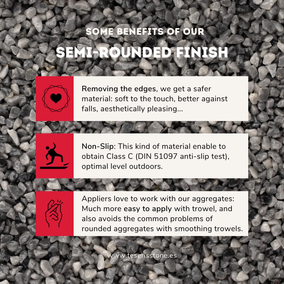 Here are some of the fenefits of our semi-rounded finish 💎 Would you like to see for yourself? Do not hesitate to ask us for free samples 📩🔝🔝
#resinbound #tapisdepierres #steinteppiche #aggregates #marmol #natursteinteppich #suelodrenante #stonecarpet #flooring #quartzcarpet