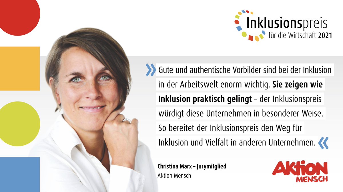 Gute #Vorbilder  zeigen am besten, wie #Inklusion und #Vielfalt praktisch gelingen, findet Christina Marx von der <a href="/aktion_mensch/">Aktion Mensch e.V. (inaktiv)</a>. Deshalb ist sie auch als Jurorin beim #Inklusionspreis für die Wirtschaft dabei. 🏆💪👍
<a href="/DieBDA/">BDA</a> @ChartaVielfalt <a href="/Bundesagentur/">Bundesagentur für Arbeit</a> <a href="/70Marx/">Christina Marx</a>