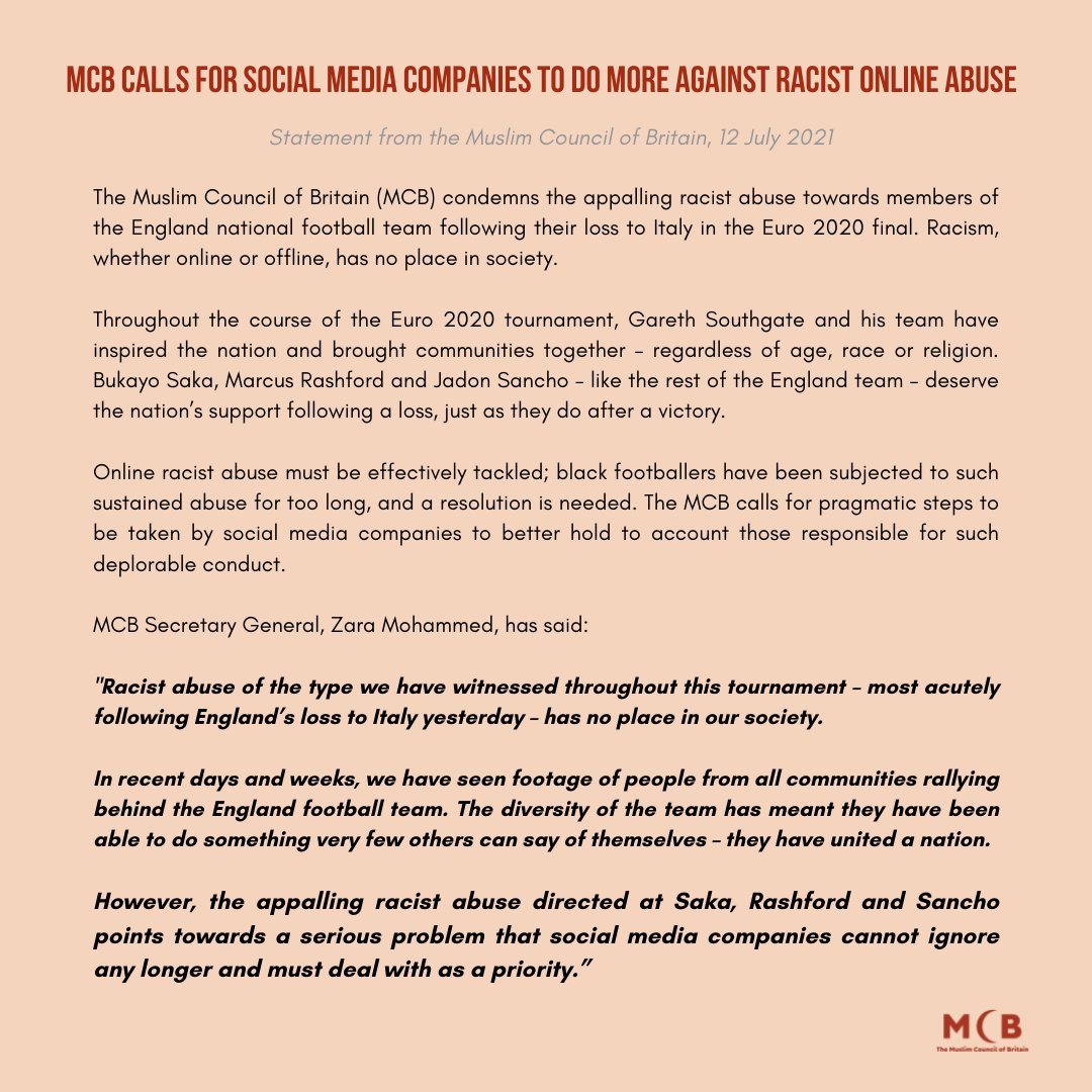 STATEMENT: MCB condemns appalling racial abuse of <a href="/England/">England</a> players and calls for social media companies to do more against such conduct.

#SayNoToRacism #EURO2020