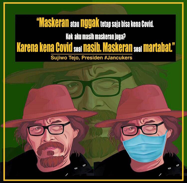 sudjiwotedjo's tweet photo. “Maskeran/nggak tetap saja bisa kena Covid.
Kok aku masih maskeran juga?
Karena kena Covid soal nasib. Maskeran soal martabat.”

(Twit dan poster ini 👇🏿 tidak berbayar, krn aku bukan buzzer pihak mana pun juga, aku menafkahi diri dan keluargaku dgn menulis buku, melukis dll) https://t.co/6E49wr62Bz