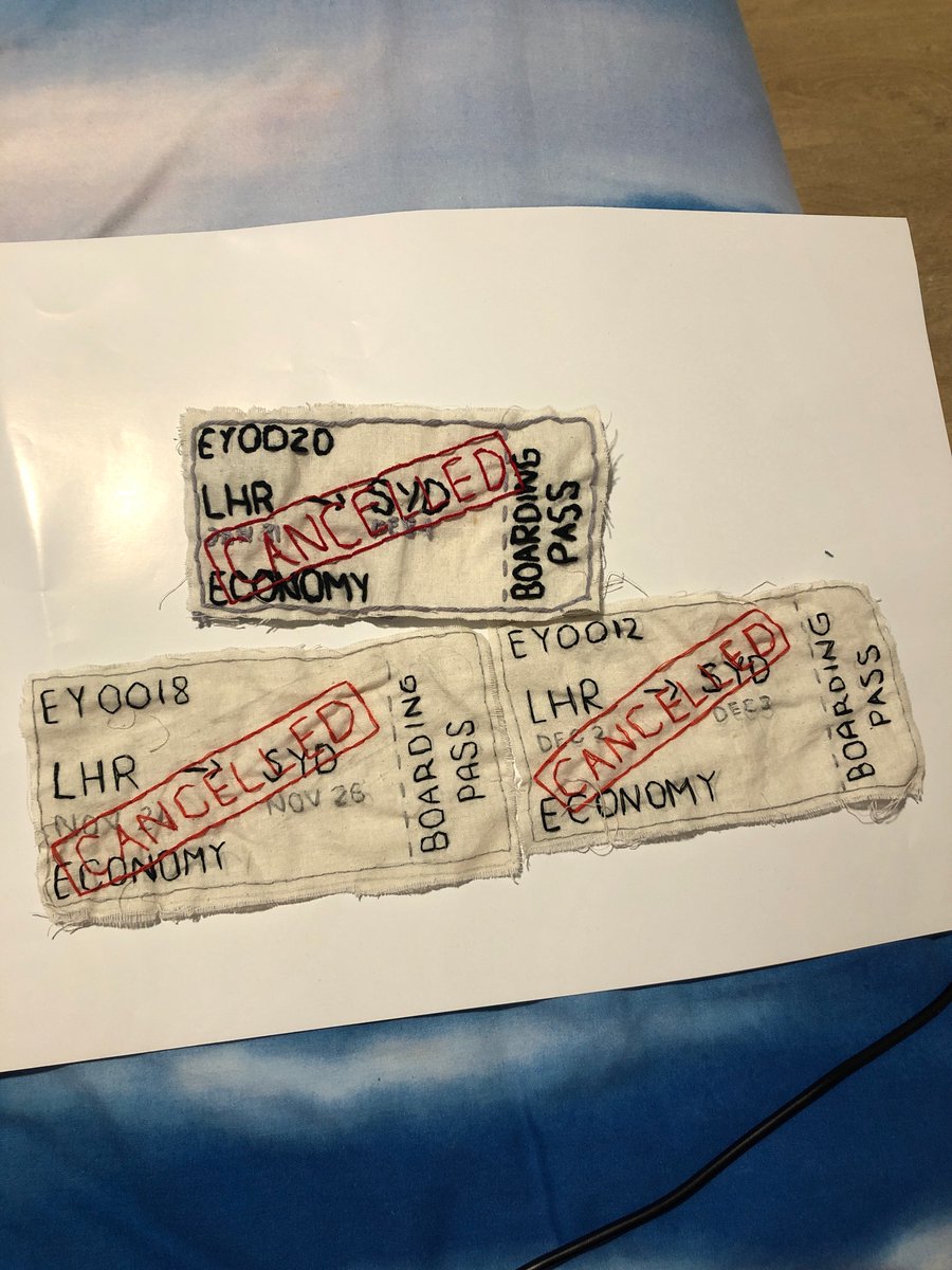 StrandedAustra2's tweet image. Have you had flight to Au$ cancelled in the last 18 months? 

I’m sewing boarding tickets as an artivism project for #strandedaussies. Comment/DM: flight #, departure date &amp;amp; location, arrival date &amp;amp; location, class. DM if you want to help sew too! Below are my cancelled flights