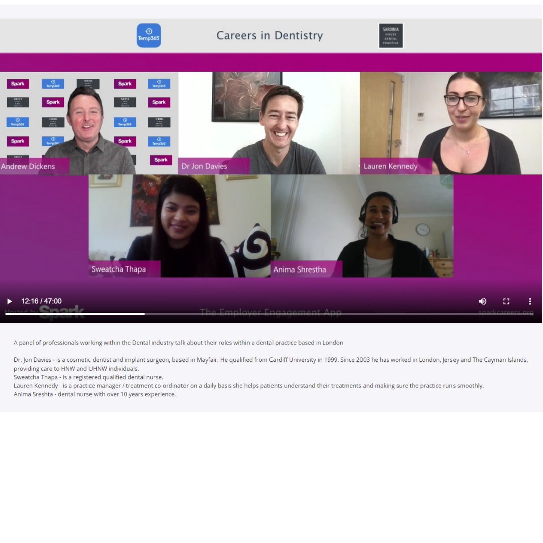 Last week Temp365 were delighted to sponsor and participate in a live employer event in partnership with 
Spark Careers. A panel including Jon Davies our CEO and Temp365 dental nurses answered questions from students across the country about careers in Dentistry #ukdentistry