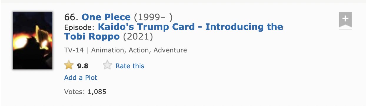 Artur Library Of Ohara One Piece Episode 9 Has Made Its Way Into Imdb S Top 100 Highest Ranking Tv Episodes Of All Time