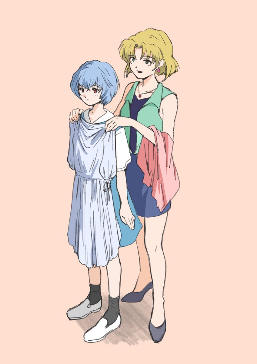 ayanami rei multiple girls 2girls blue hair blonde hair short hair jewelry dress  illustration images