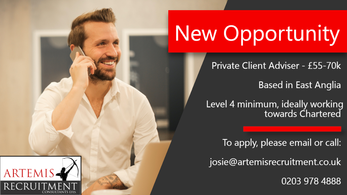 We are hiring a Private Client Adviser for a home-based position in East Anglia. Earn up to £70k, depending on experience. More here: 

artemisrecruitment.co.uk/jobs/private-c…

#CambridgeJobs #EastAngliaJobs #FinanceJobs #JobSearch #Jobs #WorkFromHomeJobs