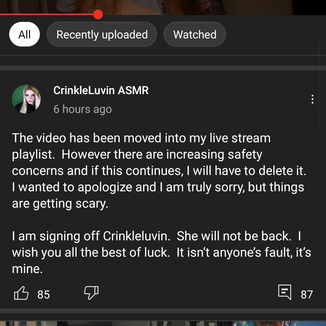 ApartMatter's tweet photo. This is a now deleted comment on Crinkleluvin's "I'm so sorry" video. https://t.co/xliJid1H4a