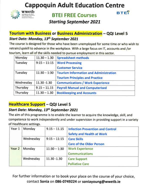 WAEGS_WC's tweet photo. Dungarvan and Cappoquin BTEI classes starting in September. Lots of great courses to choose from. #upskilling #rretraining #learningpathway #progression @WWETBofficial @SOLASFET @SimonHarrisTD @DeptofFHed https://t.co/l9jU2G9xn2