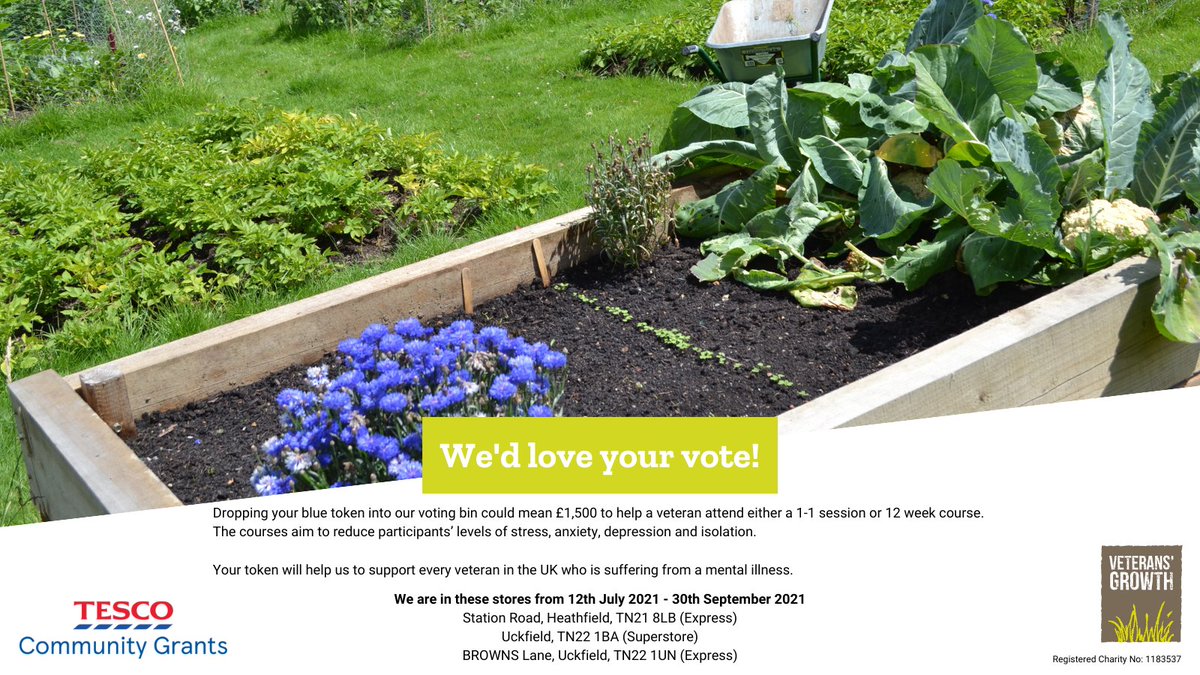 VeteransGrowth's tweet photo. Do you shop at @Tesco in Uckfield or Heathfield?  If you do, you can now support us by popping a blue token into our voting bin! Help us win up to £1,500 with Tesco Bag of Help scheme.  @groundworkuk #thankyou #community #Tesco #bluetoken #shopping #bagofhelp #support #veterans https://t.co/5Tw8bus5gf