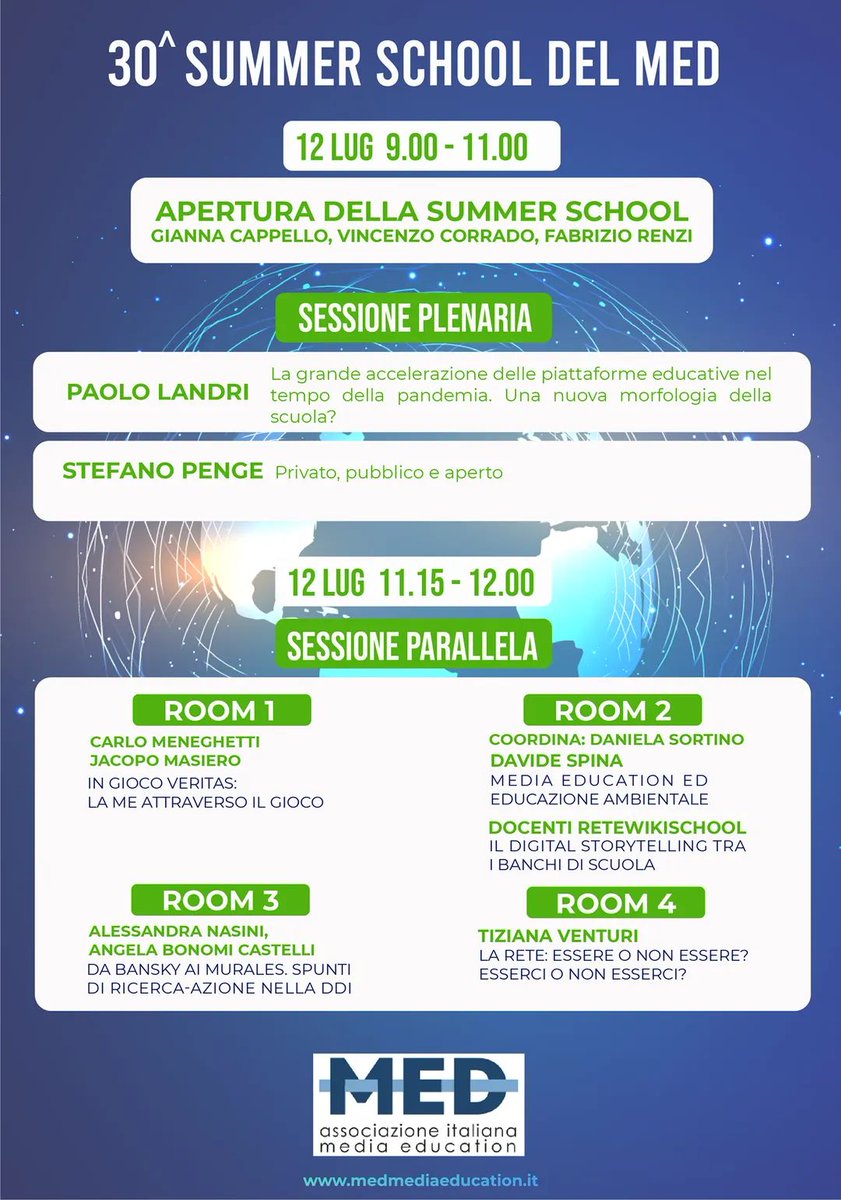 😉👉 promemoria per oggii!
👩🏻‍💻link zoom sessione plenaria h. 9.00 
tinyurl.com/5c8sxwyz
.
.
.
📲Tutte le info nel programma: medmediaeducation.it/summer-school/…
Il MED è accreditato presso il MIUR per la formazione del personale docente.
#SOFIA (ID. 60285 - Edizione ID. 87497)
#summermed21