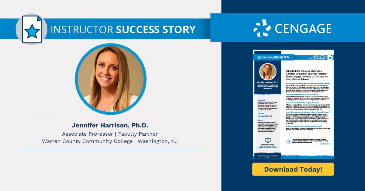 CengageLearning's tweet photo. With the price of course materials a constant stressor for students, this @WarrenCountyCC Professor had to make a change. Discover how Jennifer Harrison is now able to keep material relevant while cutting costs for her students. Read the story: https://t.co/hsUZTgZSec #HigherEd https://t.co/kwIUfzWGTg