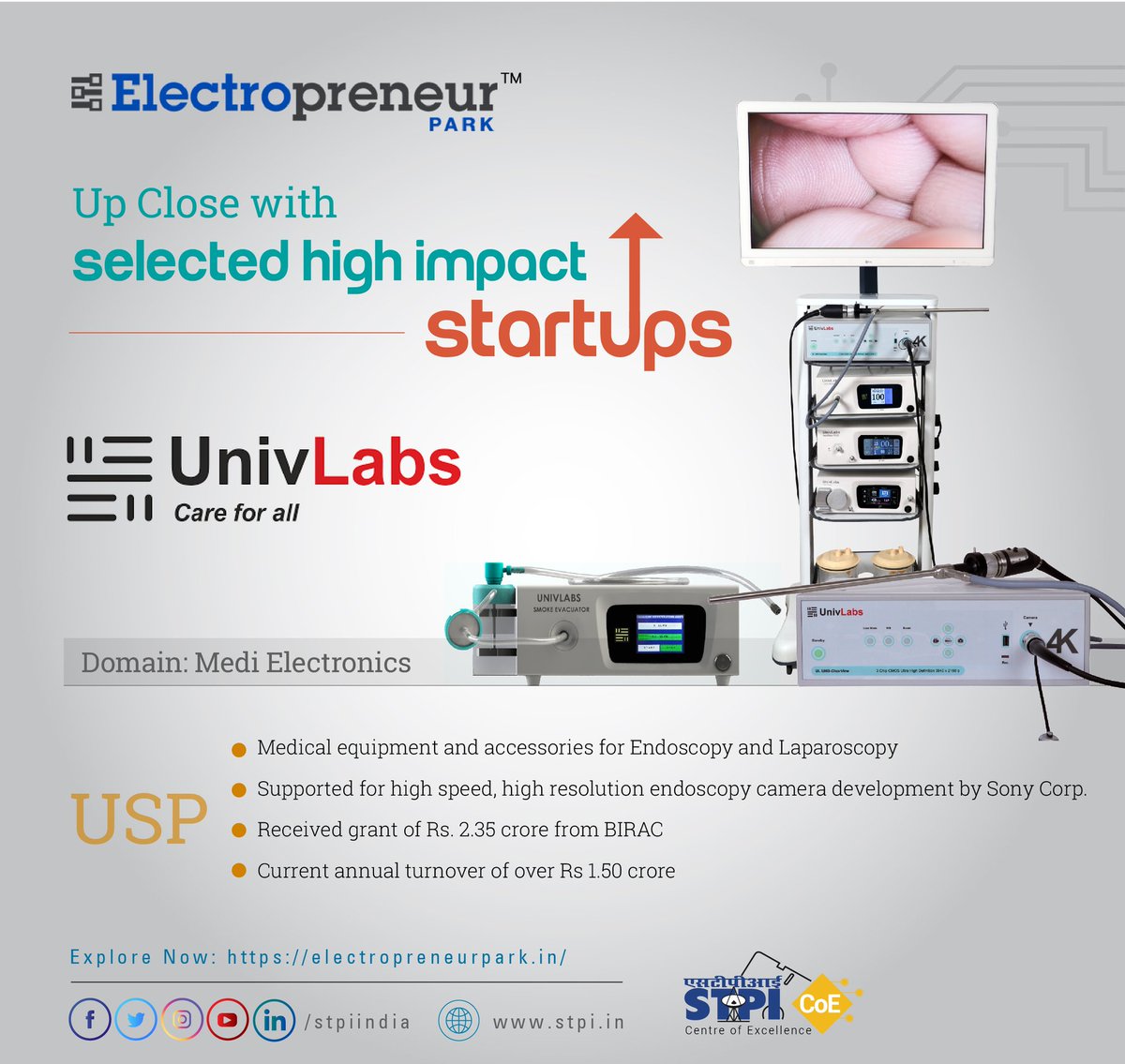 stpiindia's tweet photo. .@UnivlabsM, a startup incubated at @Electropreneur focused on #MediElectronics, has developed innovative medical equipment & accessories for endoscopy & laparoscopy and received a grant of Rs. 2.35 crore from @BIRAC_2012. Explore now: https://t.co/QY7uEQB4AQ #STPICoEs #STPIINDIA https://t.co/plaB1bcuXx