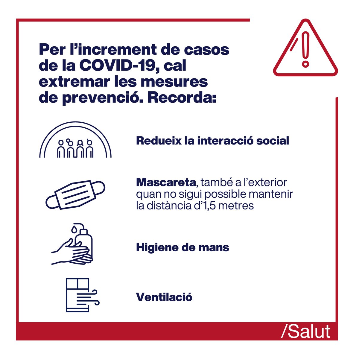 ❗ Davant l'increment de positius per la COVID-19, i l'impacte de la variant delta, recordem que és important extremar les mesures de prevenció: 

🔛Mantingues la distància 
😷Posa't la mascareta
👐🏼Neteja't les mans amb freqüència
💨Ventila sovint
⬇️Redueix la interacció social