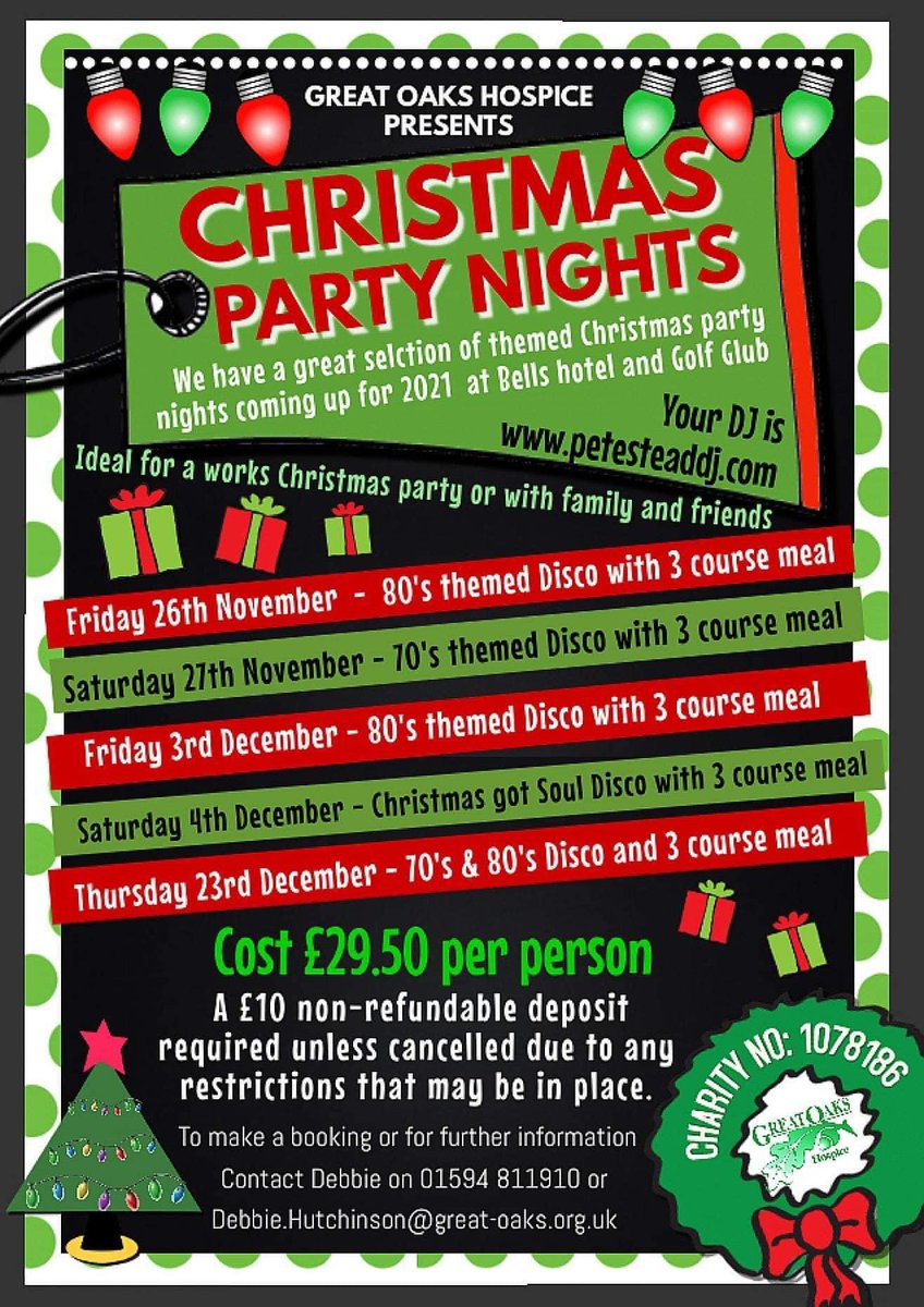 GreatOaksHosp's tweet photo. #Christmas #Party #Nights @Bells_Hotel 
#Food #Theme #Seventies #Eighties #Soul #Music #Dancing #Colleagues #Friends #Family 
@petesteaddj 
#Hospice #Charity #SupportLocal https://t.co/OLLYzOcKJ8