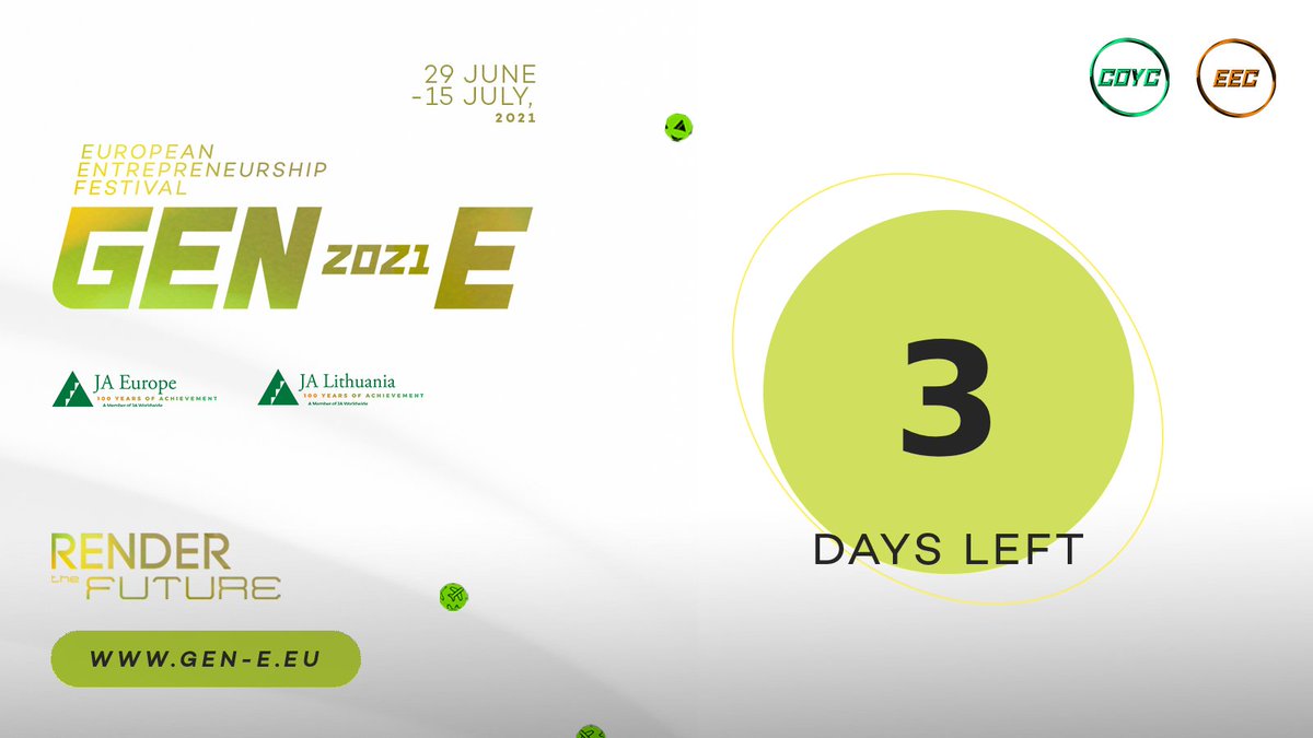 JA_Europe's tweet photo. Only 3⃣ days until the #JAEEC21 & #CoYC21 Awards Ceremonies, where hundreds of students from 39 European countries, their teachers, our sponsors & guest speakers will celebrate how the next generation of entrepreneurs #RenderTheFuture! Join us at ⏩ https://t.co/r8EgmAw3v3 #Gen_E https://t.co/vw04S6RXPr