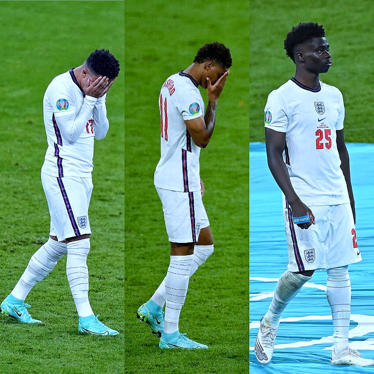 MUFCScoop's tweet photo. Jose Mourinho: “In reality it’s very, very hard for Marcus Rashford and Jadon Sancho to come and take a penalty after one touch on the ball. But for Saka to have the destiny of a country on his shoulders… I think it’s too much.” https://t.co/fnsS2jEyZb