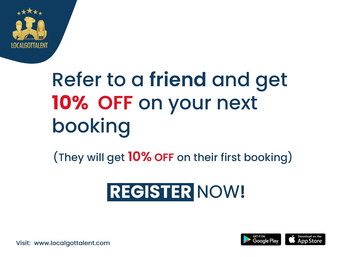 LocalGotTalent's tweet photo. 𝗕𝗶𝗴 𝗡𝗲𝘄𝘀: Refer to your friend and get 𝟭𝟬% 𝗢𝗳𝗳 on your next booking...
Hurry up and refer your friend now! https://t.co/qsfnJv4yKb