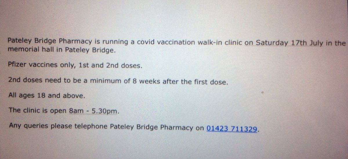 Walk-in Covid Vaccination Centre #pateleybridge #nidderdale <a href="/nidderdaleuk/">Pateley & Nidderdale</a> @NidderdaleAONB  please retweet