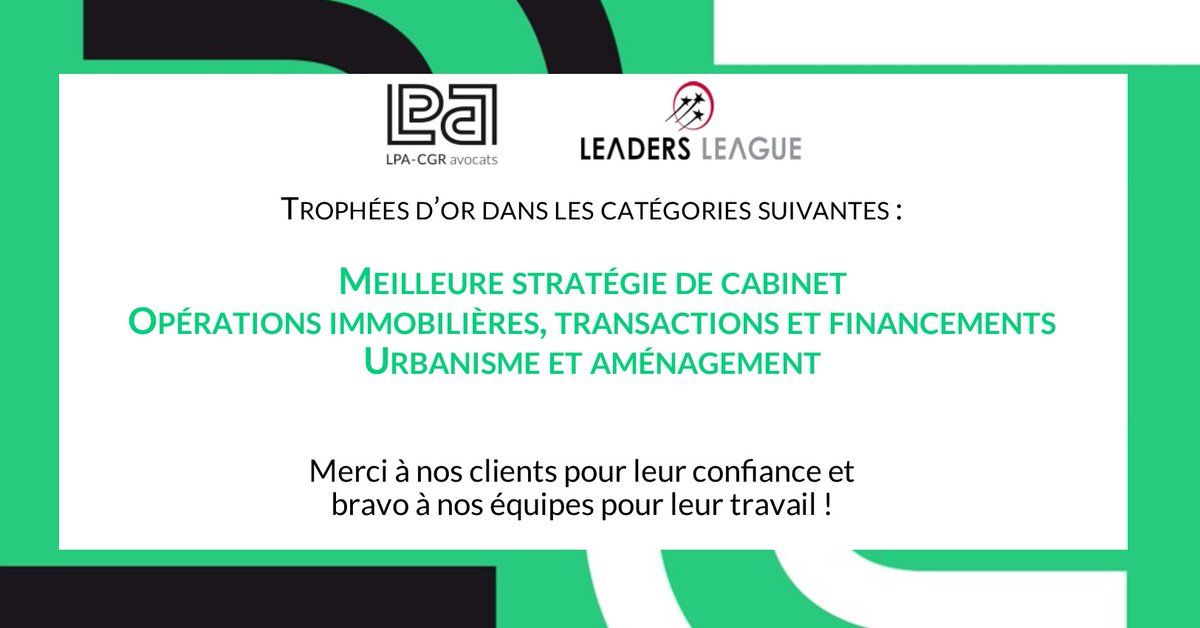A l’occasion de la cérémonie des Trophées du Droit organisée par Leaders League, <a href="/LPALAW/">LPA-CGR avocats</a> reçoit le Trophée d’Or 2021 dans 3 catégories :
- Meilleure stratégie de cabinet
- Opérations immobilières, transactions et financements
- Urbanisme et aménagement
bit.ly/3xyWZex