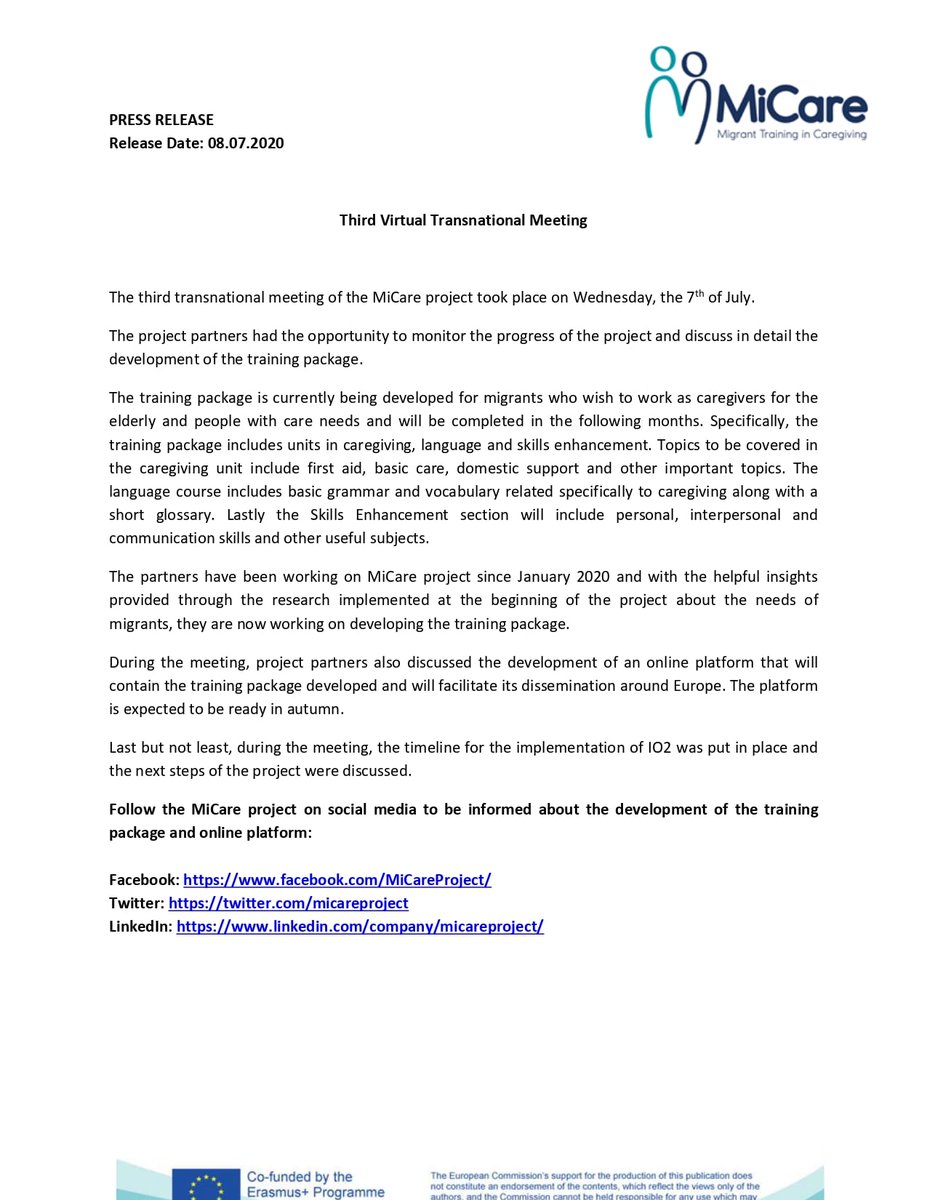 MiCare - Migrant Training in Caregiving tweet media