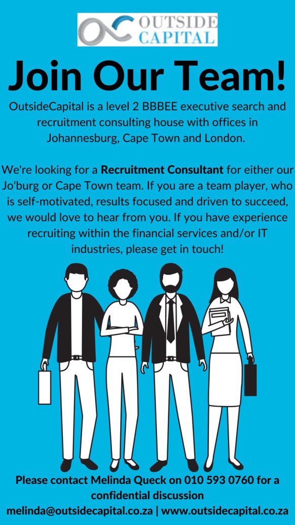 melindaqueck's tweet photo. @Outside_Capital is growing and we are looking for a Recruiter to join our high performing team! If you are a team player, someone who is self-motivated, results focused and driven to succeed, please get in touch! We have offices in Johannesburg and Cape Town with wfh options https://t.co/vfZ0MDiQra
