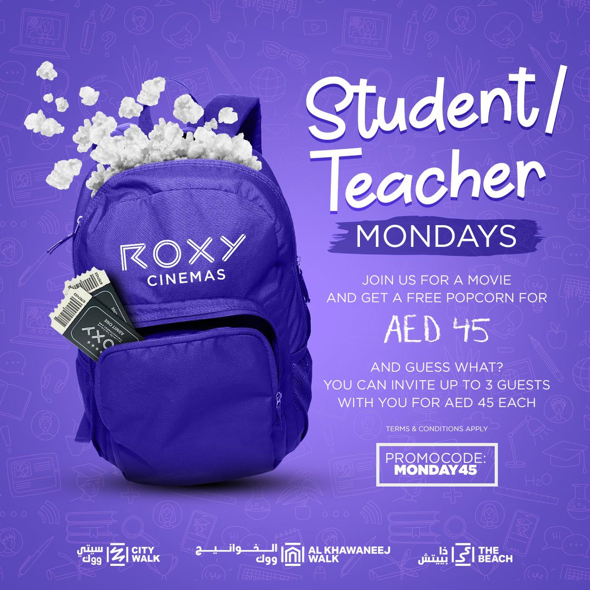 Join us at Roxy Cinemas, every Monday for all Students &amp; Teachers! 🤩

Enjoy a movie and GET a free popcorn for AED 45 🍿

And guess what? You can invite up to 3 guests with you for AED 45 each! 🎬

Enter the promocode: MONDAY45

#RoxyCinemas #ExperienceRoxy