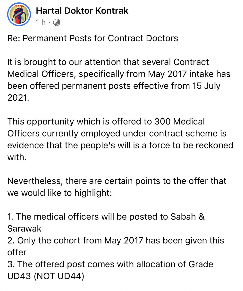 HKontrak's tweet image. Today, 300 contract MO from May 2017 intake are offered permanent posts. Although we&apos;re thankful for this, but the main issues remain unsolved. What are the selection criterias? How about contract MO who was offered one off contract extension? Read our full statement below.