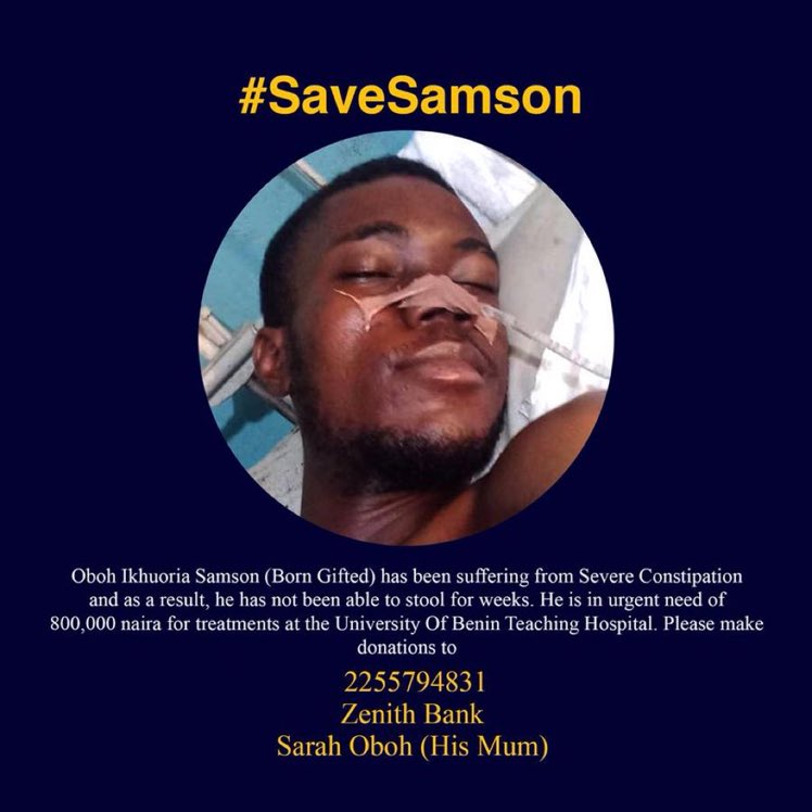 Remi_AFR's tweet photo. Help save a soul, @Ikhuoria__ is battling with his life and is currently on admission at UBTH Benin where he needs N800,000 4 a surgery.Pls let's help save https://t.co/UD3nWTVMt6 amount is too small...pls RT dis post #SaveSamson 🙏🏿 https://t.co/zN90aAbgAX