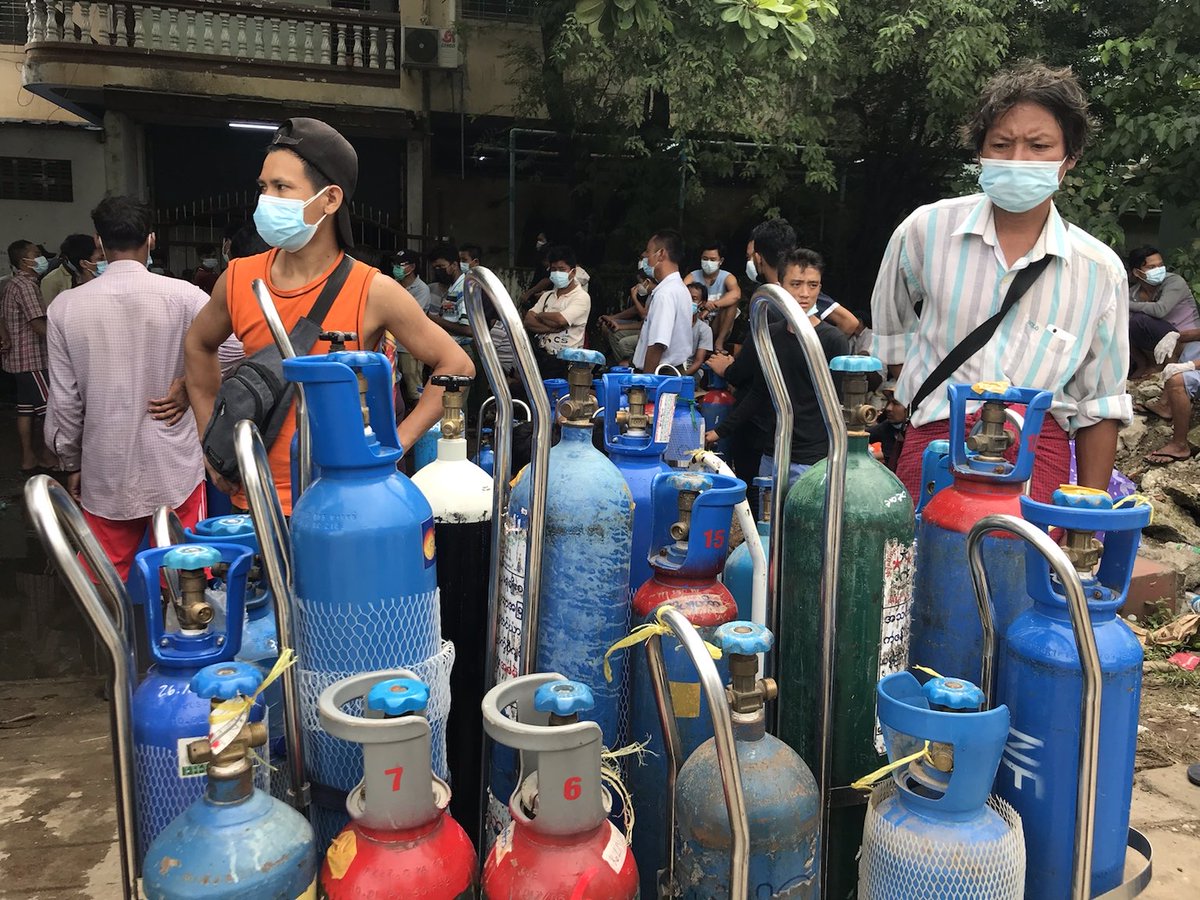 Myanmar_Now_Eng's tweet photo. An oxygen shortage has hit the Myanmar public as Covid-19 infections surge and public healthcare institutions are wracked by dysfunction, their services disrupted in the fallout of the February 1 military coup. Read more- https://t.co/uer7DDYvtH
#WhatsHappeningInMyanmar https://t.co/UXrwz7bXuV
