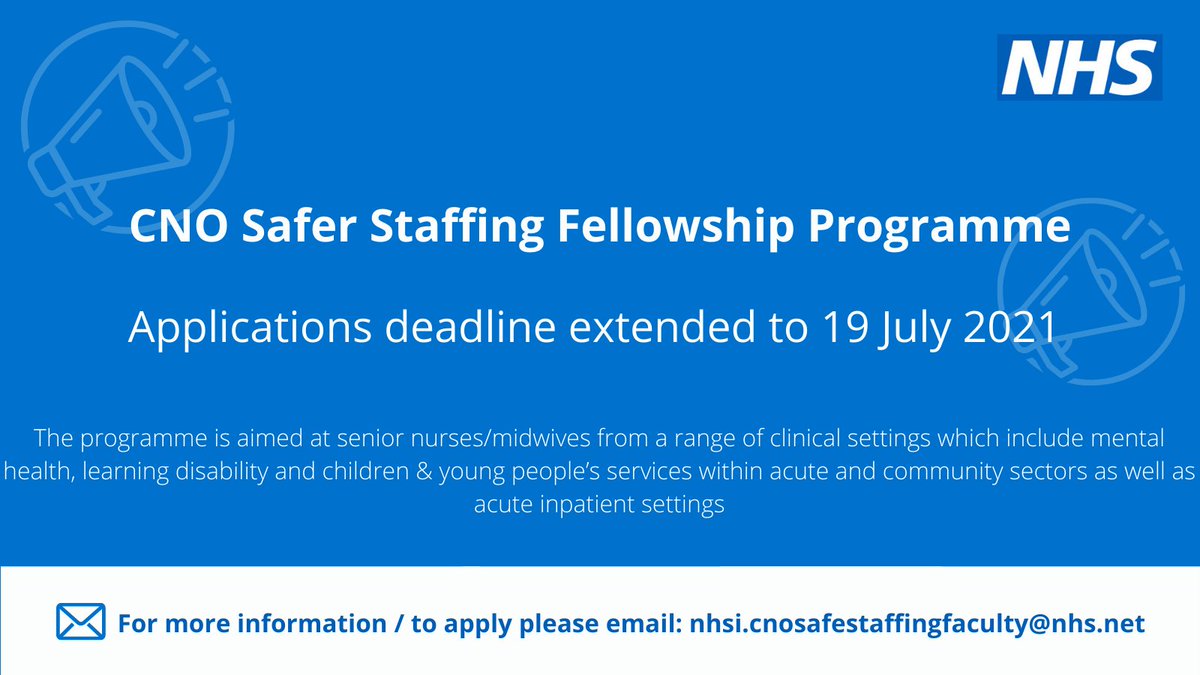 teamCNO 💙 (@teamcno_) on Twitter photo 📢CNO Safer Staffing Fellowship Programme – applications extended!
In response to requests from chief nurses, the deadline for apps is now 19 July.
For more info on the programme please visit:
england.nhs.uk/nursingmidwife…
Or email nhsi.cnosafestaffingfaculty@nhs.net
@anncase2301 📢CNO Safer Staffing Fellowship Programme – applications extended!
In response to requests from chief nurses, the deadline for apps is now 19 July.
For more info on the programme please visit:
england.nhs.uk/nursingmidwife…
Or email nhsi.cnosafestaffingfaculty@nhs.net
@anncase2301