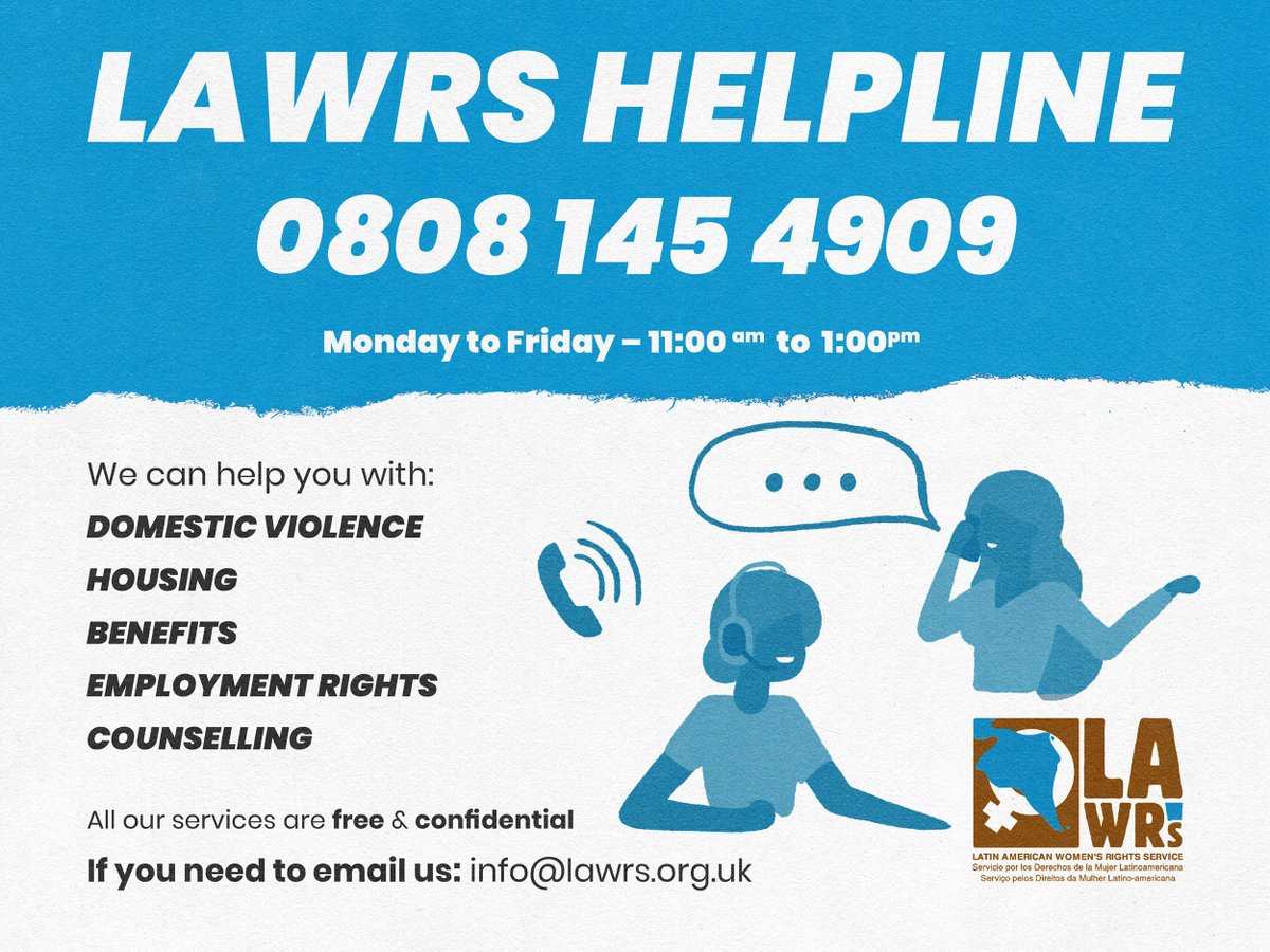 lawrsuk's tweet photo. 🔵Free and confidential advice for Latin American migrant women living in the UK. 

Monday to Friday - 11 AM to 1 PM.

Please help us disseminate our helpline information! https://t.co/kUHDSYC66W