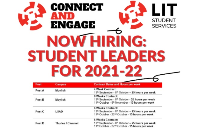 TUS__Access's tweet photo. Applications for Student Leaders closes today at 5pm. Email➡️ConnectandEngageProgramme@lit.ie for more information https://t.co/Ky4DLRUtUr