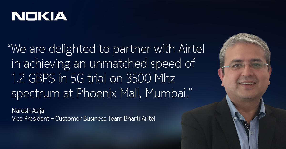 NokiaIndia's tweet photo. #5G will transform consumer experience &amp; enable a new era of industrial productivity &amp; efficiency. Together with @airtelindia, we are speeding India ahead towards 5G with trials. https://t.co/7geBIBTh2n