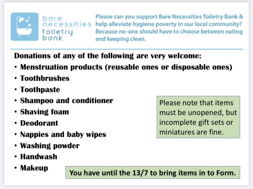 If you are able to send unopened toiletries (see below) into school before Friday, it would be great. 

We’re raising awareness regarding hygiene poverty &amp; supporting the local charity, Bare Necessities. Drop off at Reception/the Hub <a href="/wilmslowhigh/">Wilmslow High School</a> <a href="/whspartnerswil1/">whspartners@wilmslowhigh.com</a> <a href="/BNToiletryBank/">Bare Necessities Toiletry Bank</a>