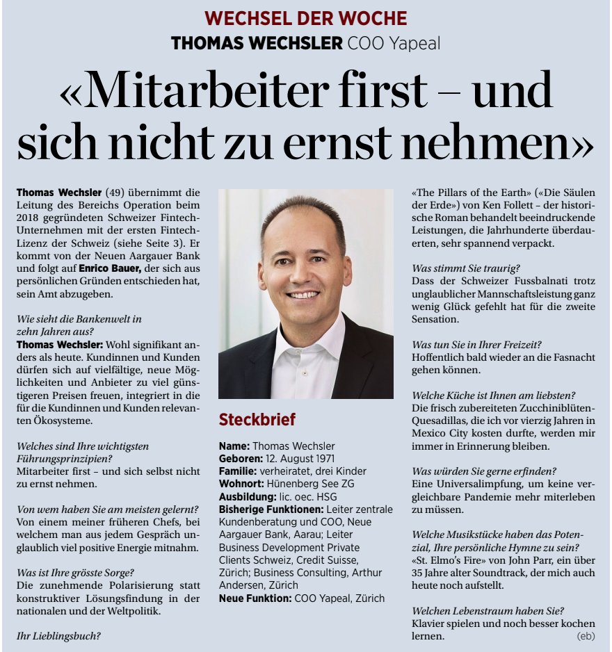 YAP, we're in the news!

Spannendes Interview mit unserem COO Thomas Wechsler
im «Wechsel der Woche» in der <a href="/Handelszeitung/">Handelszeitung</a> 

Und wann wechselst Du zu YAPEAL?

#JoinTheMovement #EsIstDeinGeld #COO #Handelszeitung #YAPisthenewYES