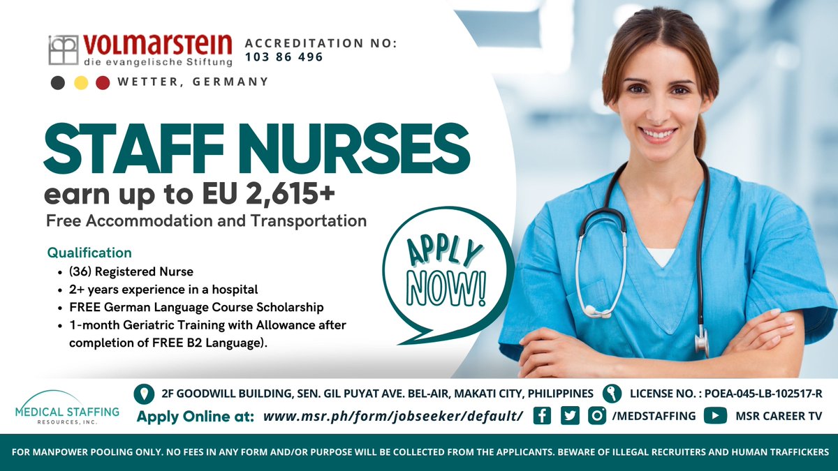 MedStaffingInc's tweet photo. APPLY NOW!! Career Opportunities in Wetter, Germany!

Employers Details 
🏥 Evangelische Stiftung Volmarstein
🇩🇪 Wetter, Germany
👩🏻‍⚕️ Staff Nurse

#ESV #WetterGermany #StaffNurse #CareerOpportunities #WorkAbroad https://t.co/A4hQoSoRrI