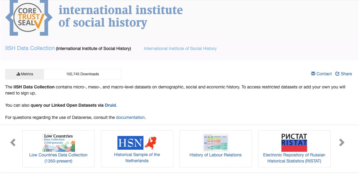 rlzijdeman's tweet photo. Is it cause or consequence? The @_knaw @IISG_Amsterdam reached 100,000 data downloads of its @IQSS #Dataverse instance on social, demographic and economic history data after acquiring the @CoreTrustSeal earlier on. Checkout: https://t.co/QU42YNbWnx #rawDataNow https://t.co/S1OpBQubOv