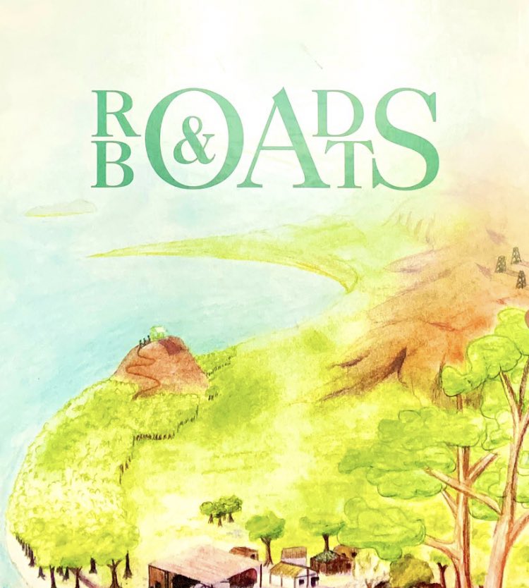 Board game cover art. The name is probably Roads & Boats but the letter arrangement is bizarre. The R is above the B. To their right is a giant O that spans both lines of text. Inside the O is an ampersand. To the right of the O is a giant A that spans two lines. To the right of the A is a small D above a small T, but they are not horizontally aligned so the D is further to the left than the T. To the right of them is a giant S that spans two lines. Under the title is an illustration of a forested seaside area with mountains and huts in a village.