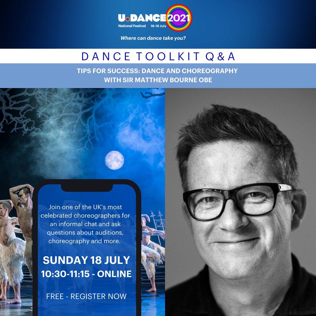 Unmissable opportunity at #UDance2021! Join <a href="/SirMattBourne/">Matthew Bourne 💙</a> on Sunday 18 July for an exclusive FREE online Q&amp;A about dance and choreography. He will offer tips and advice for a career in dance.

Pre-registering is essential 👉 udancedigital.org/sir-matthew-bo…

Supported by <a href="/NorthernSchool/">NSCD | Northern School</a>