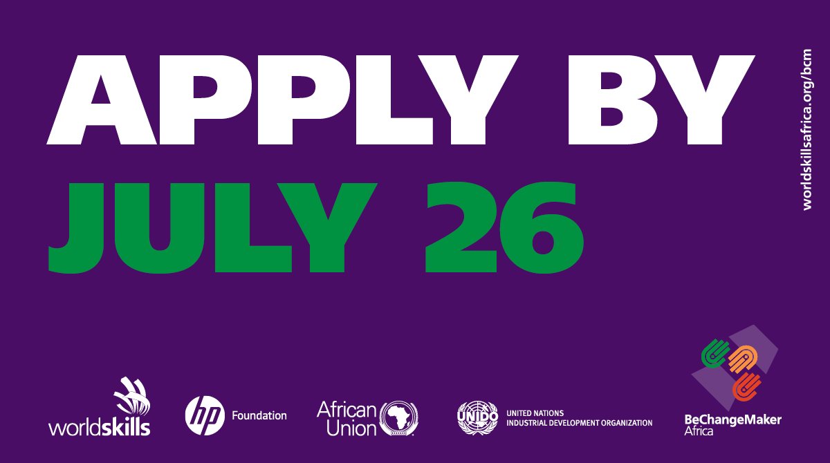 Looking for social entrepreneurs from Africa who want to inspire action and solve global issues through the power of skills. Is that you? Apply to #BeChangeMakerAfrica: 
worldskillsafrica.org

<a href="/WorldSkills/">WorldSkills</a> @HpLife <a href="/AUYouthProgram/">African Union Youth Program</a> <a href="/UNIDO/">UNIDO</a>
#BeChangeMakerAfrica #HPLIFE #1mBy2021